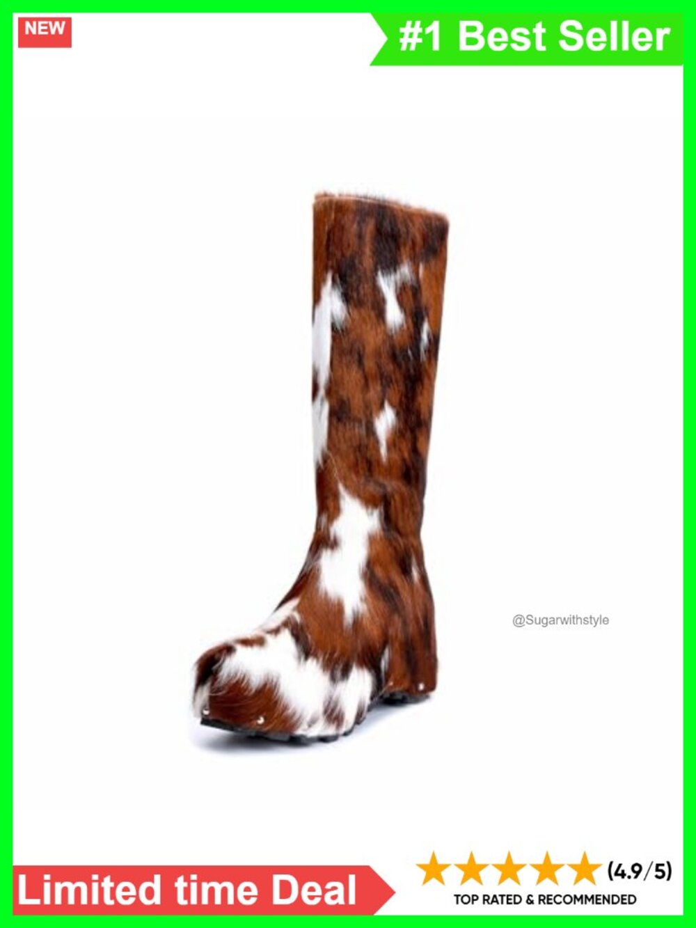 Handmade Knee-High Cowgirl Boots Genuine Calf Hair Shearling Lining Platform